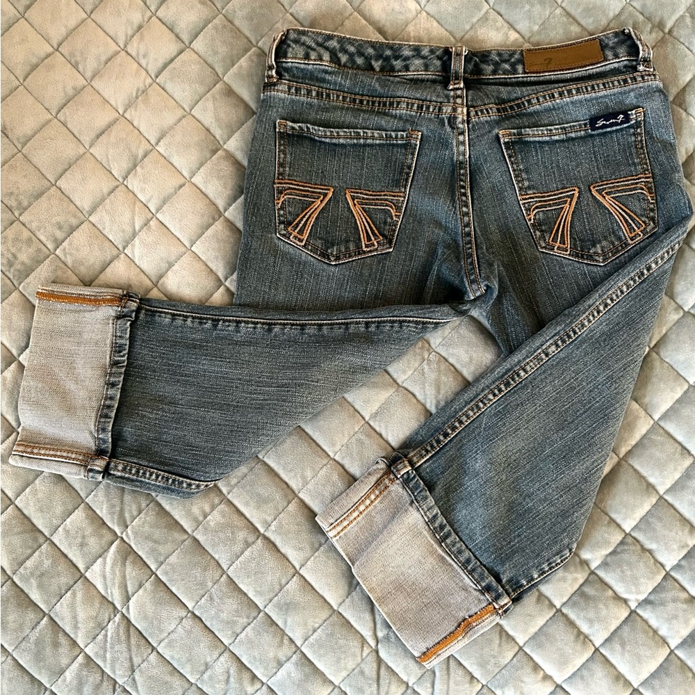 Seven7 Cropped Blue Jeans with Tan Stitching